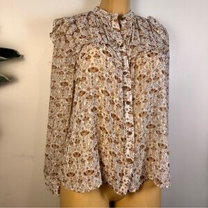 Zara Chiffon Floral Ruffle Blouse Sz M Loose Long Sleeves Top Shirt